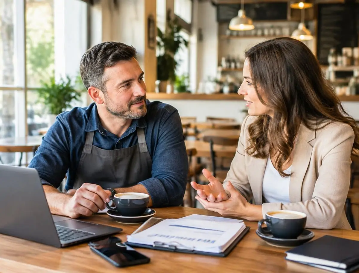 Business owner meeting with an advisor in a cafe