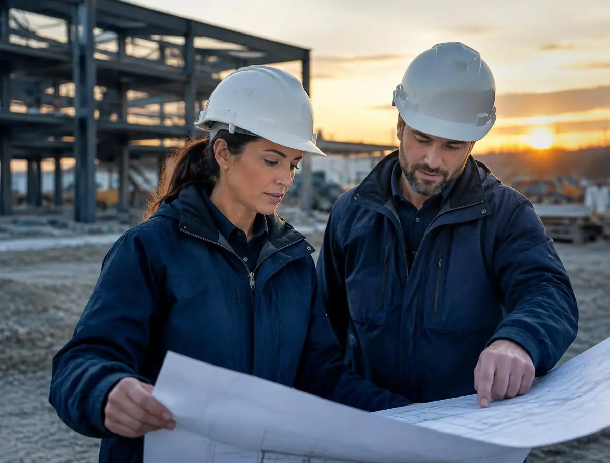 Contractors reviewing building plans on a job site